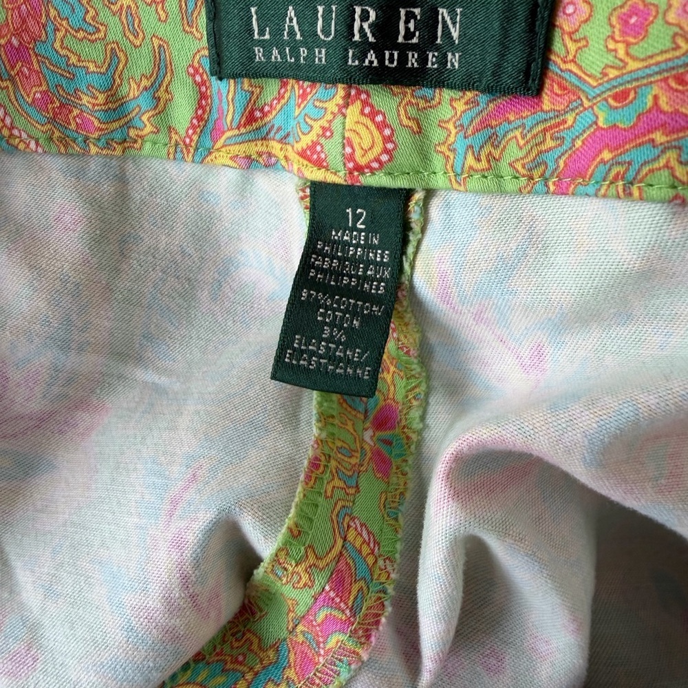 Lauren Ralph Lauren Paisley Pants Green Stretch Cotton Size 12 - Picture 5 of 5